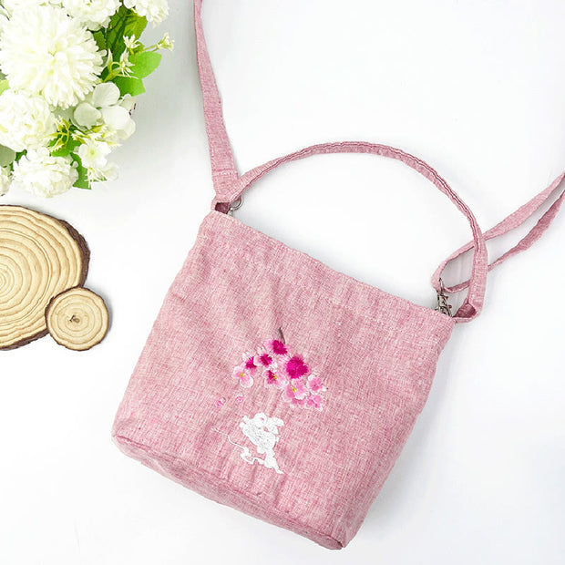 Buddha Stones Embroidery Wisteria Plum Lotus Cherry Blossom Cotton Linen Canvas Tote Crossbody Bag Shoulder Bag Handbag 43