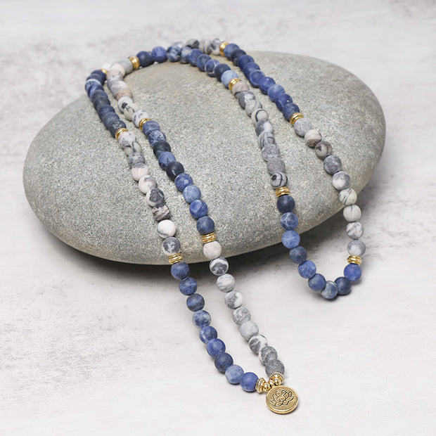 Buddha Stones 108 Natural Picasso Jasper & Blue Stone Mala Bead Lotus Pendant Bracelet