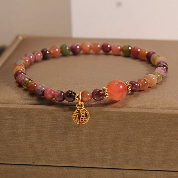 Buddha Stones Natural Colorful Tourmaline Fu Character Love Bracelet