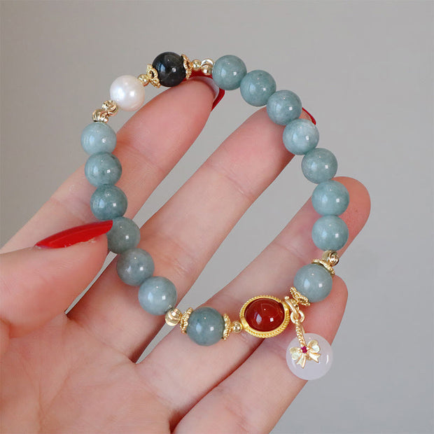 Buddha Stones Natural Jade Red Agate Pearl Bow Tie Luck Bracelet