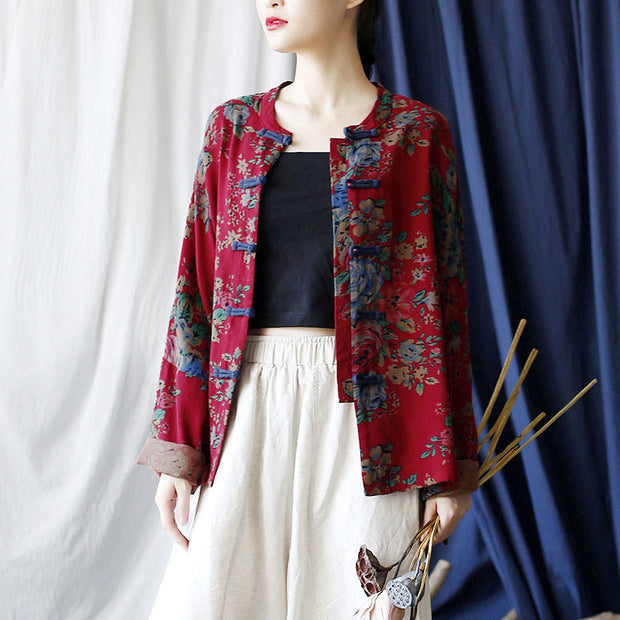 Buddha Stones Red Flowers Green Leaves Print Frog-button Design Long Sleeve Cotton Linen Jacket Shirt