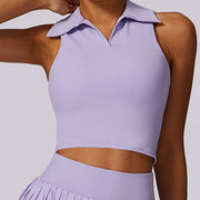 Buddha Stones Polo Collar Crop Tank Top Tennis Skirts Pleated Shorts With Pocket Sports Yoga Outfits 2-Piece Outfit BS 4