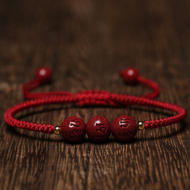 Buddha Stones Handmade Cinnabar Om Mani Padme Hum Engraved Beads Blessing Braided Bracelet Bracelet BS Dark Red Rope(Wrist Circumference 14-16cm)