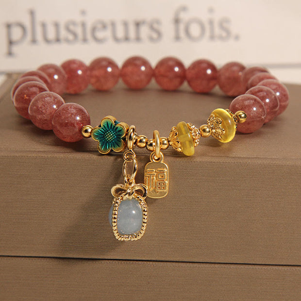 Buddha Stones Natural Strawberry Quartz Crystal Aquamarine Fortune Brand Love Bracelet Bracelet BS 3