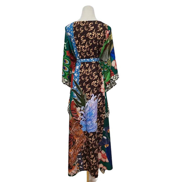 Buddha Stones Summer Dragon Phoenix Flower Feather Batwing Sleeve Open Front Belted Kimono Cover-Up