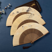 Buddha Stones Lotus Dragonfly Wild Geese Plum Blossom Handheld Silk Bamboo Folding Fan 22.5cm 12