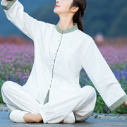 Buddha Stones 2Pcs Tang Suit Top Pants Meditation Yoga Zen Tai Chi Cotton Linen Clothing Women's Set Clothes BS White(Top&Pants) XXL