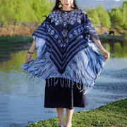 Buddha Stones Blue Striped Floral Indigo Dyeing Shawl Tassels Cozy Pullover 90*95cm 4