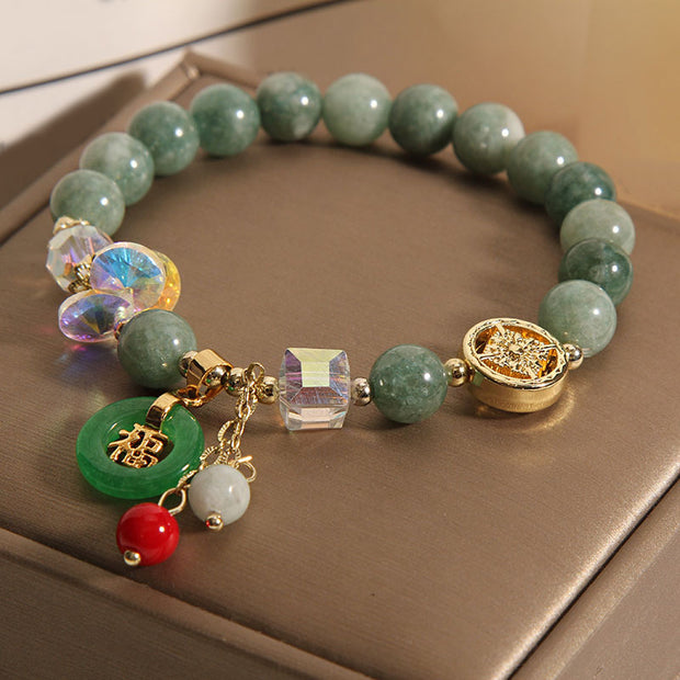 Buddha Stones Strawberry Quartz Jade Fu Character Charm Healing Bracelet Bracelet BS 7