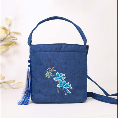 Buddha Stones Embroidery Wisteria Plum Lotus Cherry Blossom Cotton Linen Canvas Tote Crossbody Bag Shoulder Bag Handbag 1