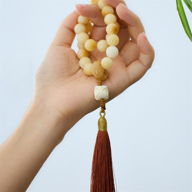 Buddha Stones Natural Bodhi Seed Ivory Fruit Dancing Lion Charm Harmony Tassel Wrist Mala Wrist Mala BS 4