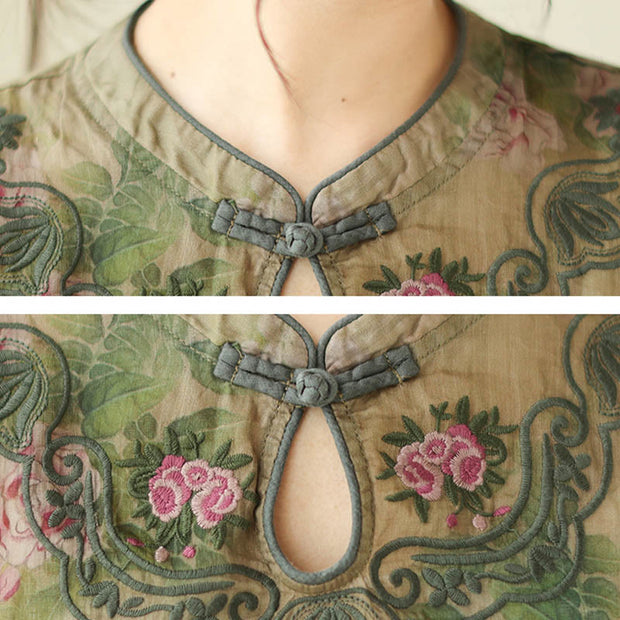Buddha Stones Light Green Rose Flower Embroidery Design Three Quarter Sleeve Ramie Linen Shirt Women's Shirts BS 4