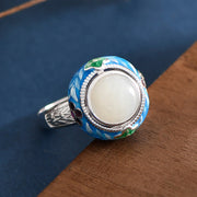 Buddha Stones 925 Sterling Silver Blue Enamel Round Hetian Jade Luck Necklace Pendant Ring Set Bracelet Necklaces & Pendants BS Ring(Adjustable)