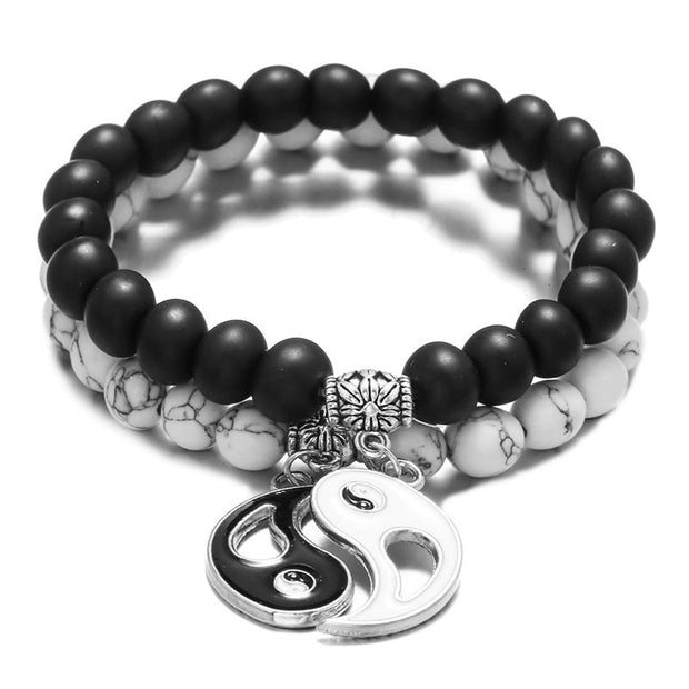 Buddha Stones 2pcs Natural Black Onyx White Turquoise Bead Yin Yang Couple Bracelet Bracelet BS main