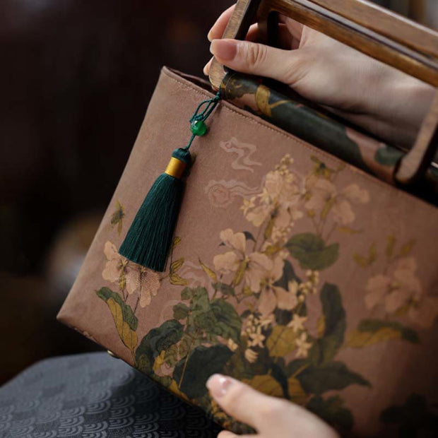 Buddha Stones Vintage Brown Flowers Green Bamboo Leaves Wood Handles Zipper Handbag