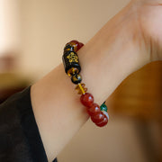 Buddha Stones Five Elements Black Onyx Red Agate Wisdom Wealth Bracelet Bracelet BS 17
