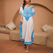 Buddha Stones Boho Blue White Print Maxi Dress Travel Loose Cover-Up Slit Design