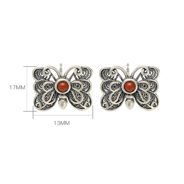 Buddha Stones 925 Sterling Silver Red Agate Butterfly Self-acceptance Ring Earrings Set Bracelet Necklaces & Pendants BS 18