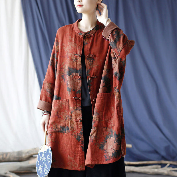 Buddha Stones Orange Peony Flower Cotton Linen Frog-Button Open Front Jacket With Pockets 1