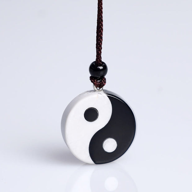 Buddha Stones Natural Black Obsidian White Turquoise Yin Yang Fulfilment Strength Necklace Pendant