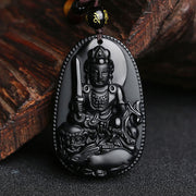 Buddha Stones Chinese Zodiac Natal Buddha Natural Black Obsidian Purification Necklace Pendant Necklaces & Pendants BS Rabbit-Manjushri Bodhisattva