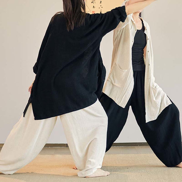 Buddha Stones Plain Long Sleeve Coat Jacket Top Wide Leg Pants Zen Tai Chi Yoga Meditation Clothing