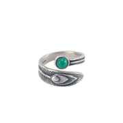 Buddha Stones 925 Sterling Silver Malachite Bead Feather Protection Ring