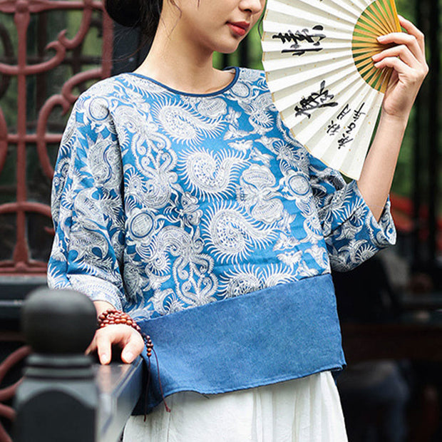 Buddha Stones Blue Flowers Three Quarter Sleeve Top Casual Tee T-shirt