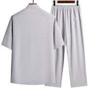 Buddha Stones Fu Character Tang Suit Hanfu Traditional Uniform Short Sleeve Top Pants Clothing Men's Set Men's Meditation Cloth BS 5