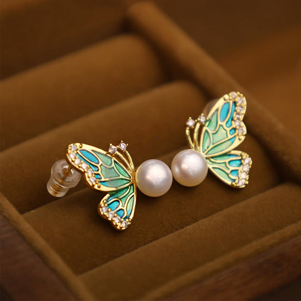 Buddha Stones 925 Sterling Silver Posts 18K Gold Plated Copper Natural Pearl Butterfly Healing Stud Earrings 2