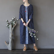Buddha Stones Blue Flowers Embroidery Jacquard Midi Dress Three Quarter Sleeve Cotton Dress With Pockets 1