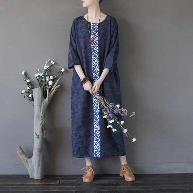 Buddha Stones Blue Flowers Embroidery Jacquard Midi Dress Three Quarter Sleeve Cotton Dress With Pockets 1