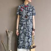 Buddha Stones Blue White Flower Frog-button Cheongsam Dresses Short Sleeve Linen Dresses With Pockets 5