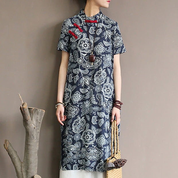 Buddha Stones Blue White Flower Frog-button Cheongsam Dresses Short Sleeve Linen Dresses With Pockets
