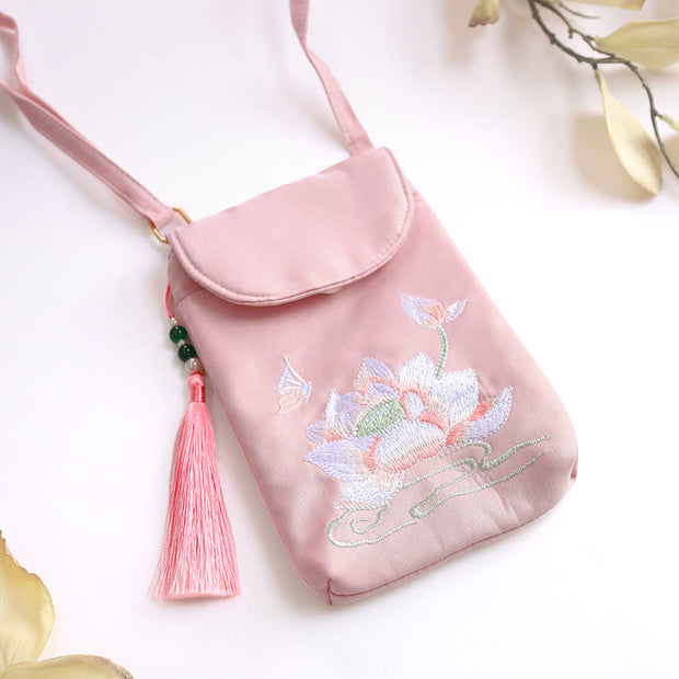 Buddha Stones Small Embroidered Flowers Crossbody Bag Shoulder Bag Double Layer Cellphone Bag Crossbody Bag BS 6