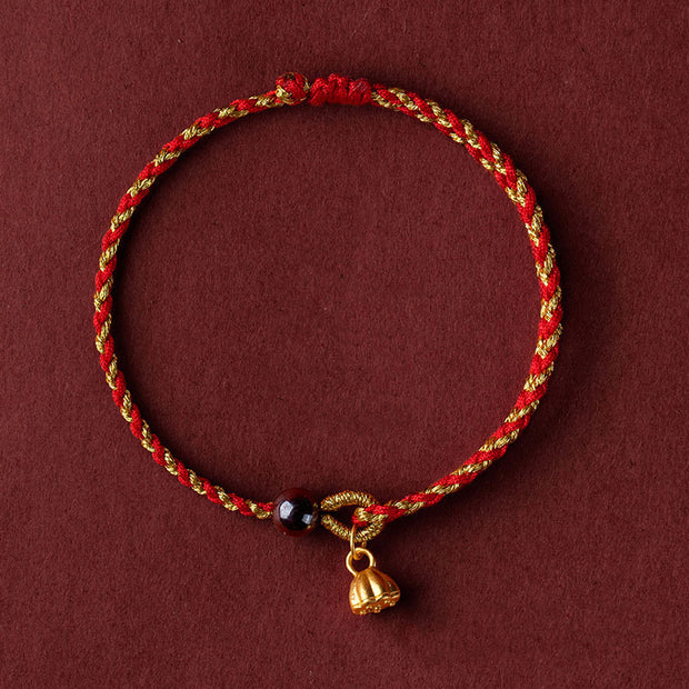 Buddha Stones Handcrafted Red Gold Rope Lotus Peace And Joy Charm Braid Bracelet Bracelet BS Golden Lotus Pod Charm Red Gold(Wrist Circumference 14-16cm)