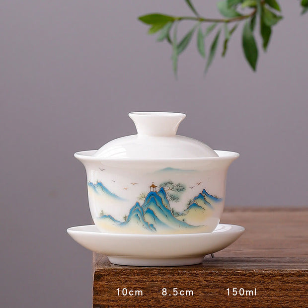 Buddha Stones White Porcelain Mountain Landscape Countryside Ceramic Gaiwan Teacup Kung Fu Tea Cup And Saucer With Lid Cup BS Round Cup-Pavilion and Mountains (8.5cm*10cm*150ml)
