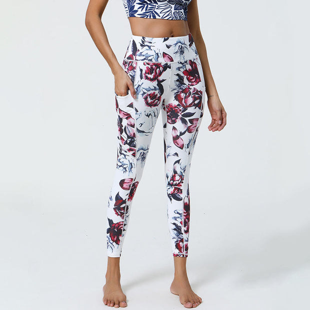 Buddha Stones Rose Lines Tiger Leopard Print Sports Fitness High Waist Leggings Women's Yoga Pants With Pockets