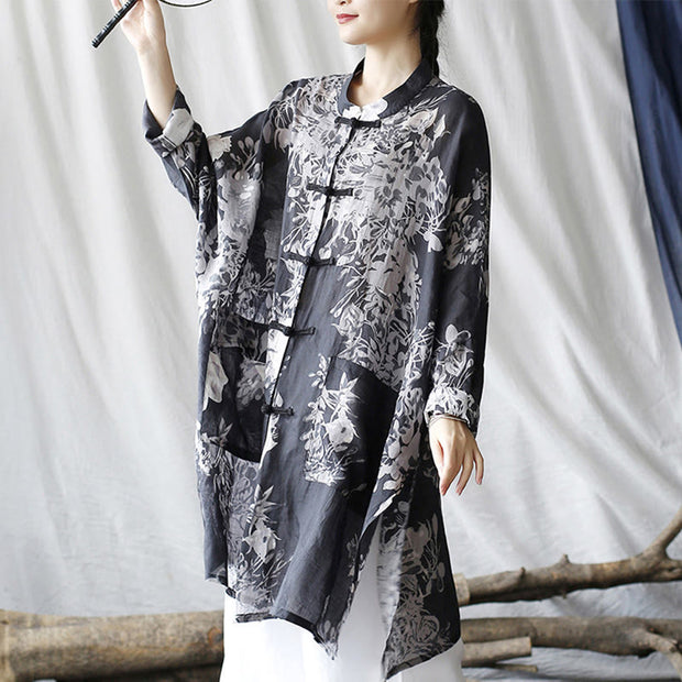 Buddha Stones Blue White Flowers Frog-Button Long Sleeve Ramie Linen Jacket Shirt With Pockets 5