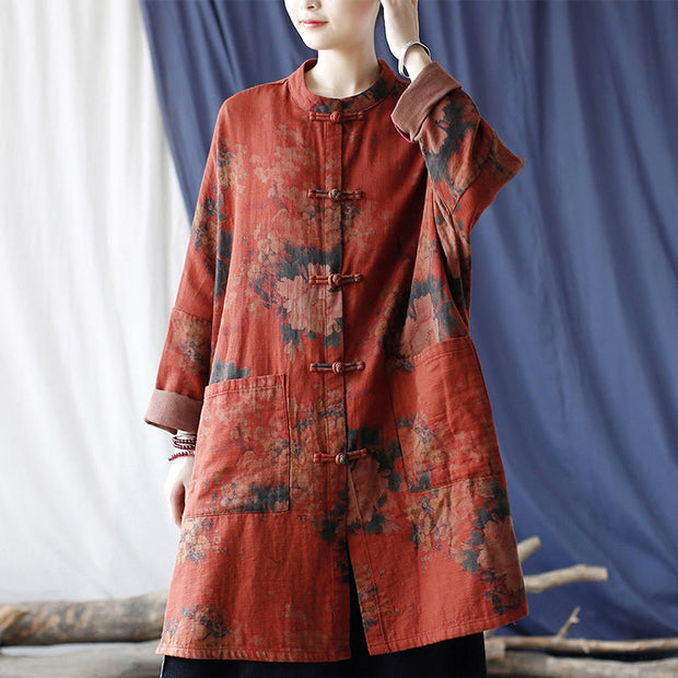 Buddha Stones Orange Peony Flower Cotton Linen Frog-Button Open Front Jacket With Pockets 16