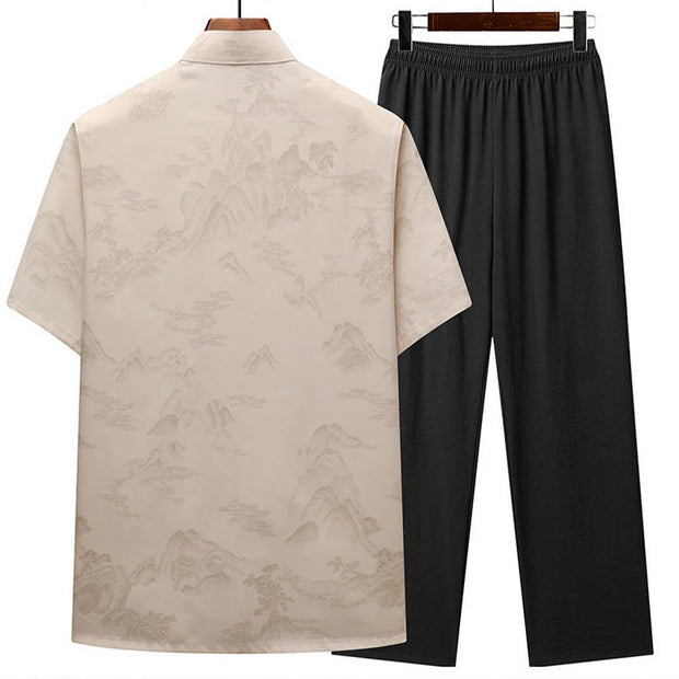 Buddha Stones Mountains Trees Tang Suit Hanfu Traditional Uniform Short Sleeve Top Pants Clothing Men's Set Men's Meditation Cloth BS 1