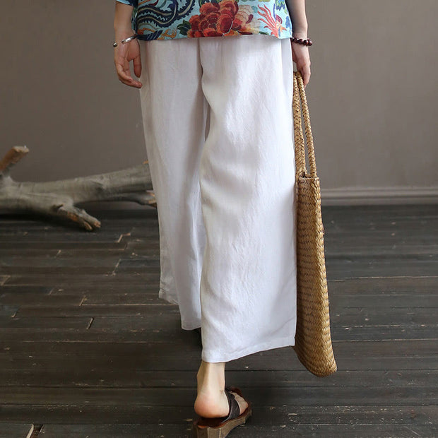 Buddha Stones Red Blue Peony Midi Dress Half Sleeve Cotton Linen Dress Wide Leg Pants With Pockets 47