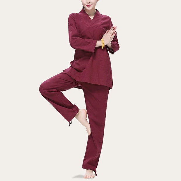 Buddha Stones Zen Practice Yoga Meditation Prayer V-neck Design Uniform Cotton Linen Clothing Women's Set Clothes BS 1