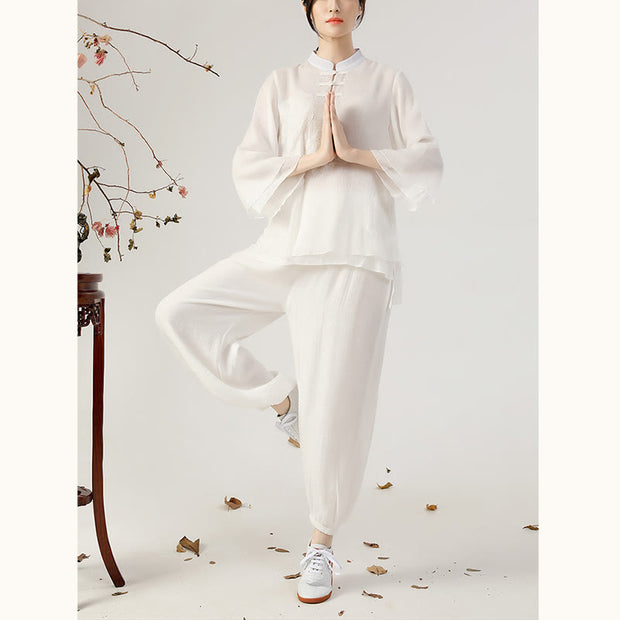 Buddha Stones 2Pcs Long Sleeve Frog-Button Meditation Prayer Zen Practice Tai Chi Uniform Clothing Women's Set Clothes BS 6