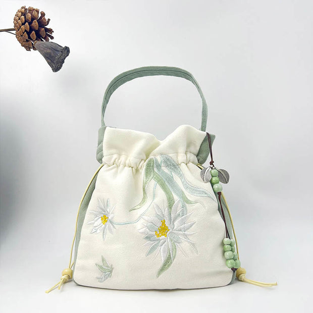 Buddha Stones Embroidered Butterfly Lotus Magnolia Cotton Linen Tote Crossbody Bag Shoulder Bag Handbag