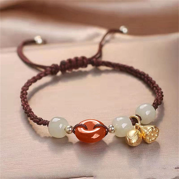Buddha Stones Red Agate Peace Buckle Jade Lotus Healing Braided Bracelet