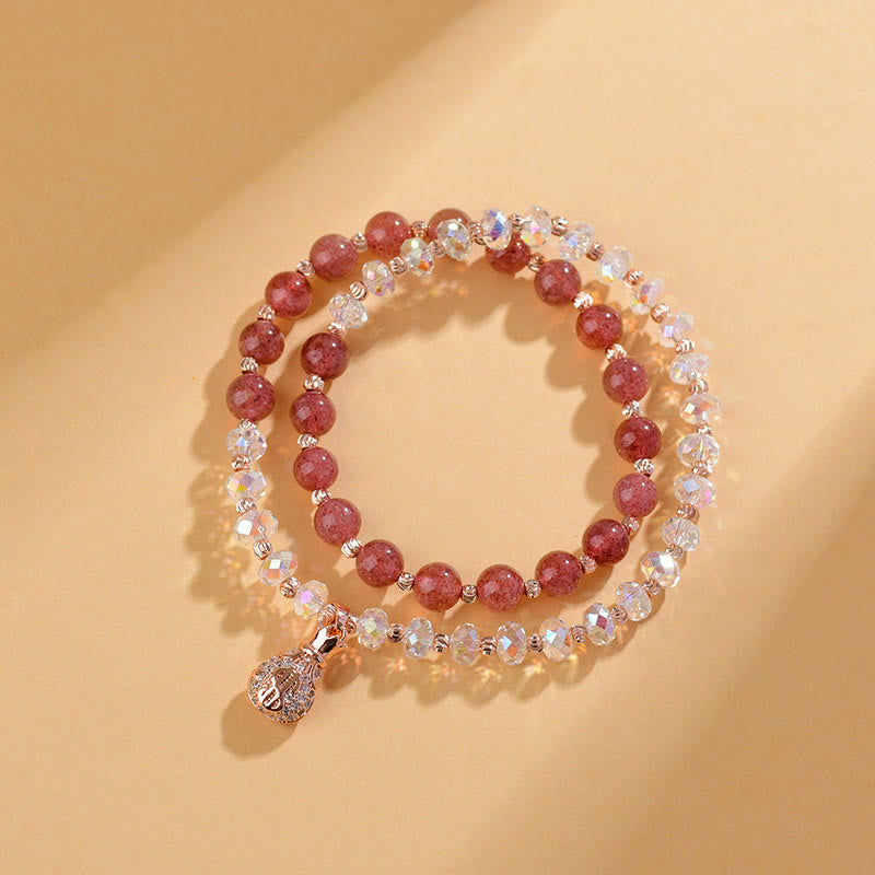 韓国 マネースタンド Strawberry Pink Clearラメ 難ありＢ級 Buddha Stones Strawberry Quartz White Crystal Money Bag Charm