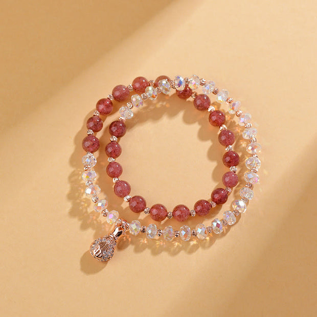 Buddha Stones Strawberry Quartz White Crystal Money Bag Charm Positive Bracelet