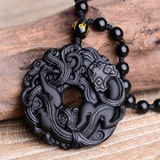 Buddha Stones Natural Black Obsidian Peace Buckle Pixiu Purification Necklace Pendant Necklaces & Pendants BS 16