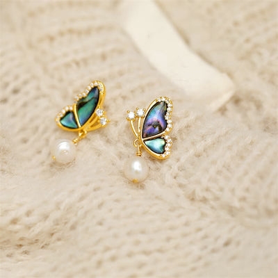 Buddha Stones 18K Gold Plated Copper Pearl Butterfly Love Stud Earrings 1